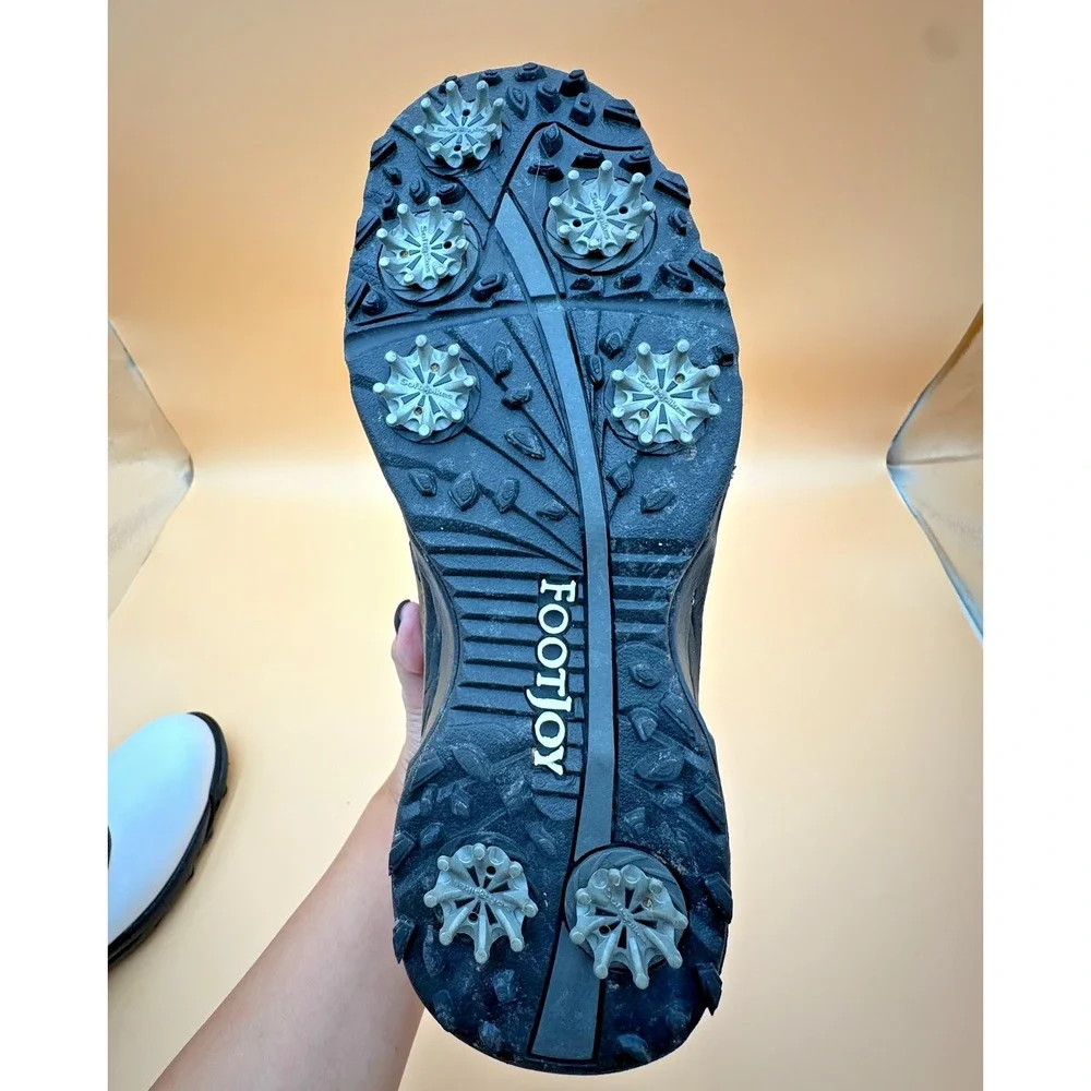 FootJoy GreenJoys Men's 10.5W White Brown Black Leather Lace-Up Golf Shoes Cleat - Picture 14 of 14